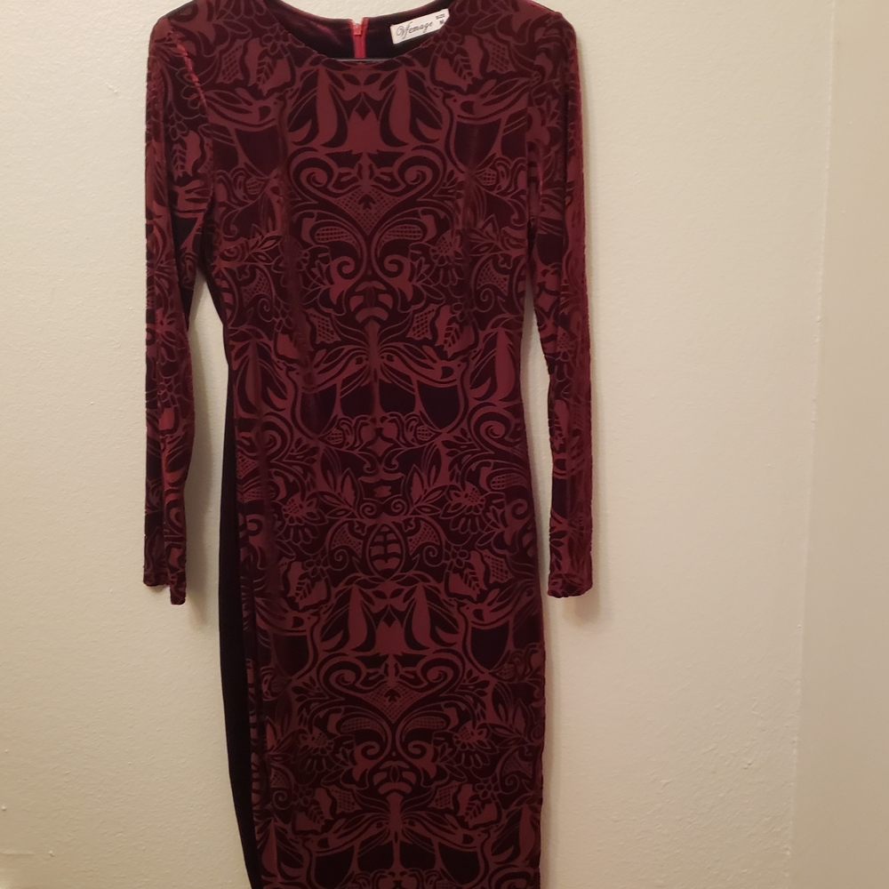 VfEmage Burgundy Patterned Long Sleeve Dress